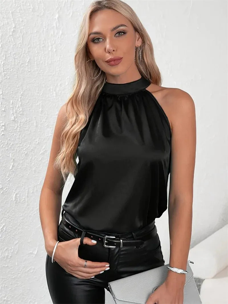 Blusa Feminina Luna Halter Sem Mangas, Monocromático e Casual