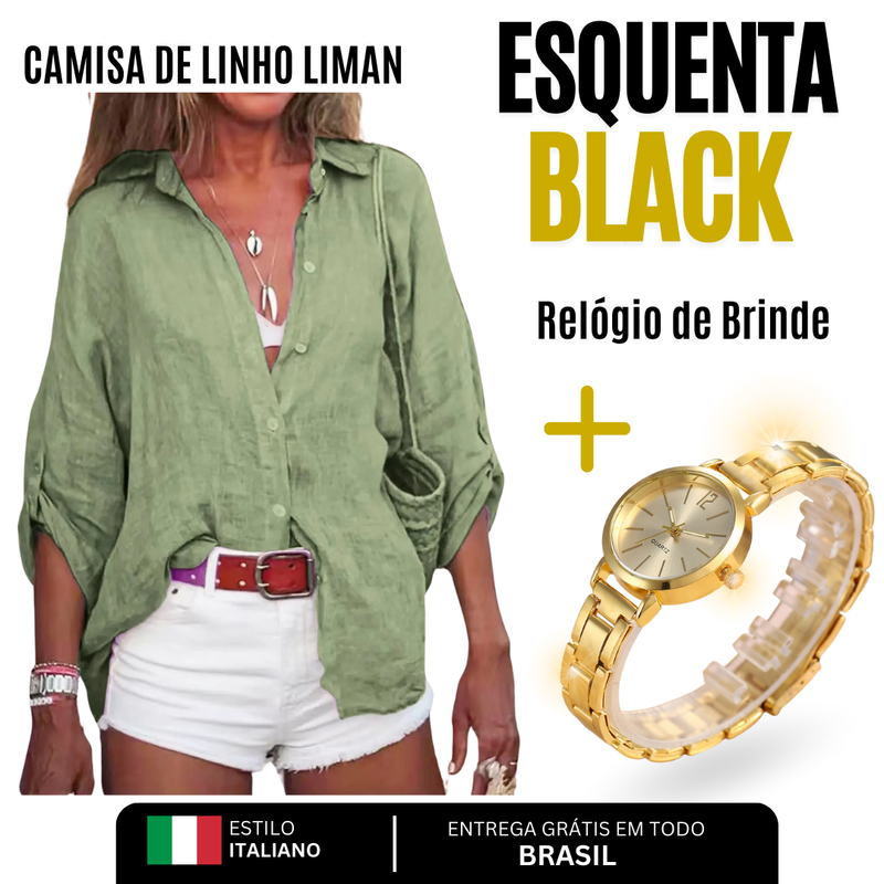 Camisa Feminina de Linho Premium Liman + Relógio de Brinde